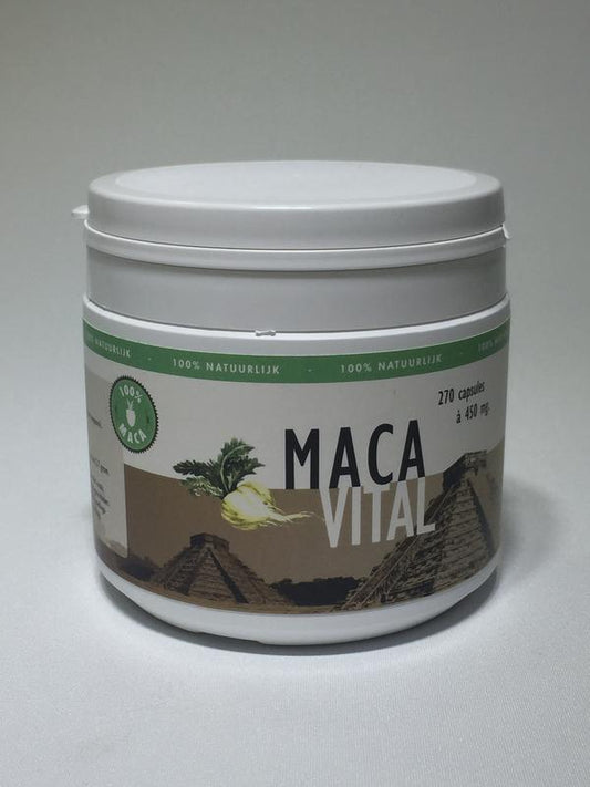 Maca Vital Maca 270 capsules, herbal supplement bottles with capsules, natural herbal remedy packaging, Kruidenpreparaten product