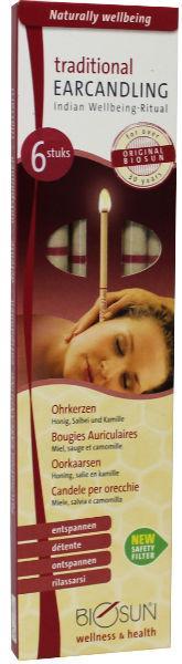 Biosun Oorkaarsen original pack of 6 for ear care, featuring natural earwax removal sticks in a white and blue box.