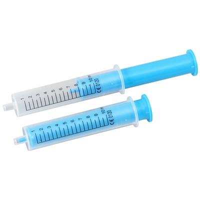 Blue 10ml Spruyt Hillen dosing syringe, packaging material, 50-piece set, with clear measurement markings and a plunger for precise dosing.