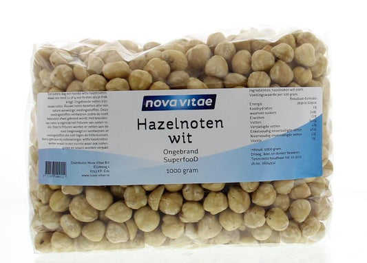 Raw hazelnuts from Nova Vitae, unroasted and natural, in a 1 kg package, ideal for superfoods and healthy snacking.