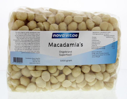 Raw Nova Vitae Macadamia nuts, unroasted and natural, shown in a 1kg bag, part of the raw and superfoods product range.