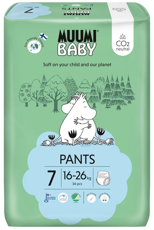 Muumi Baby ecological size 7 XL disposable training pants in a pack of 34, suitable for children 16-26kg, natural and comfortable.