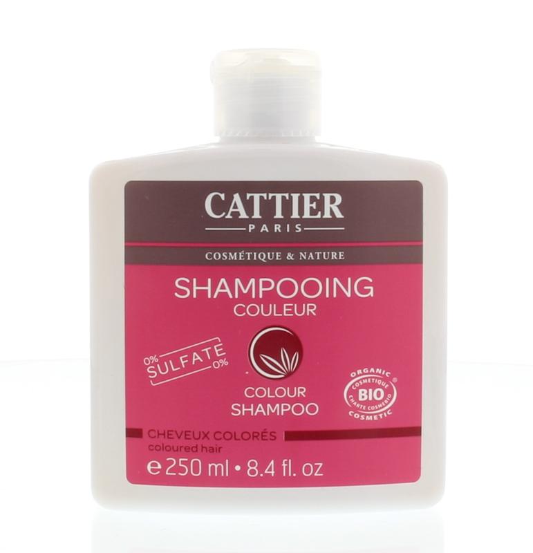 Cattier gekleurd haar shampoo in 250ml bottle, natural hair care product for vibrant color preservation.