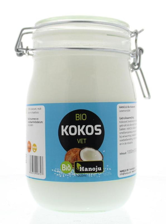 Hanoju biologisch geurloze kokosolie in 1 liter beugelglas, top kwaliteit olie en vetten.