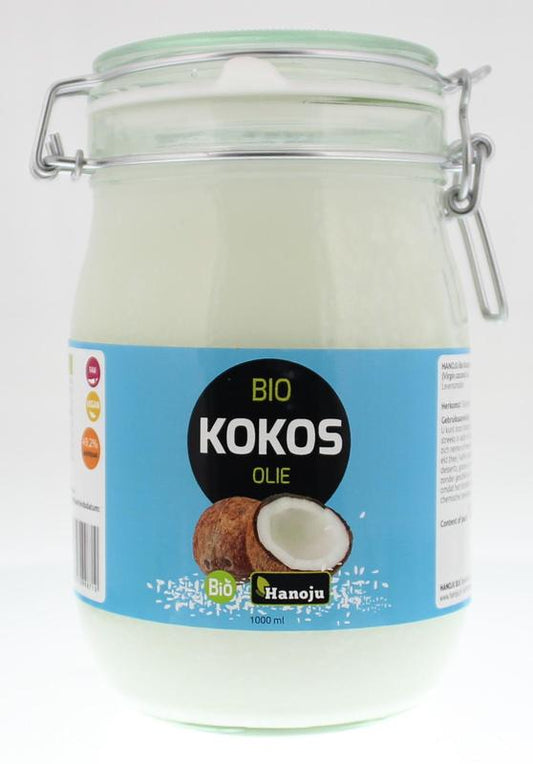 Virgin coconut oil in a glass jar by Hanoju, 1 liter, natural and organic coconut oil for cooking and skincare.