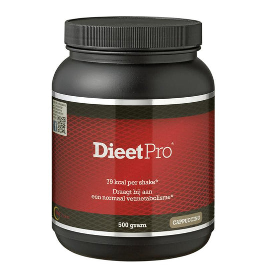 Dieet Pro Cappucino kruidenpreparaat in 500g container, creamy coffee drink mix with herbs and flavoring.