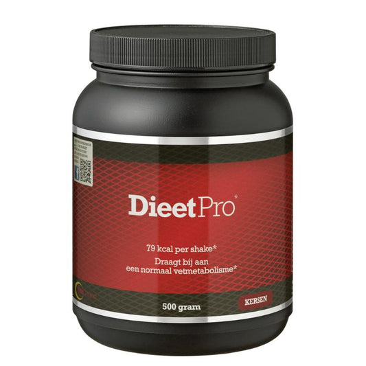 Dieet Pro Kers kruidenpreparaat in 500g container, showing fresh cherry herbs for dietary use