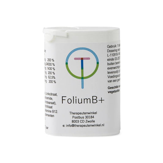 Therapeutenwinkel Folium B+ multivitamin tablets in a bottle, dietary supplement with various vitamins and minerals.