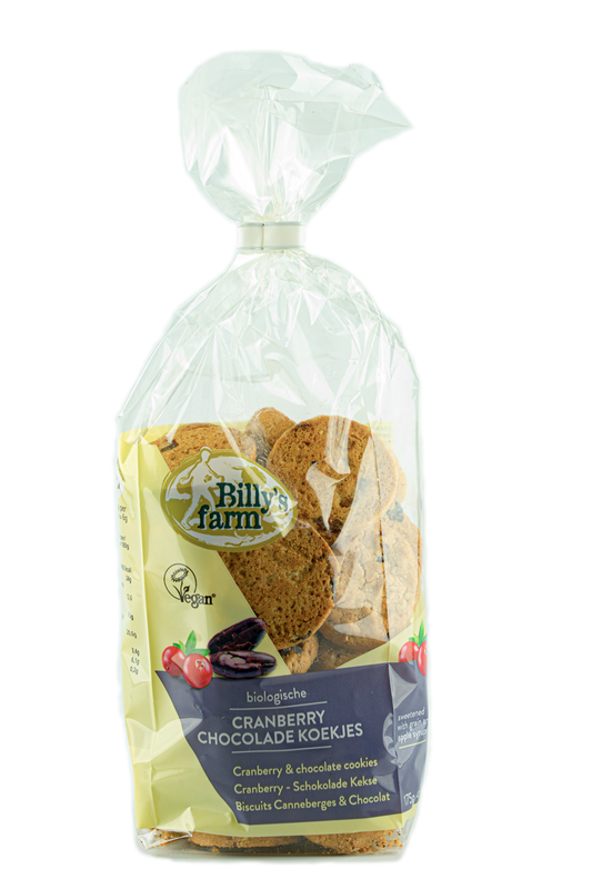 Billy's Farm cranberry choco cookies in a 175g package, featuring crunchy cranberries and chocolate in a natural biscuit.
