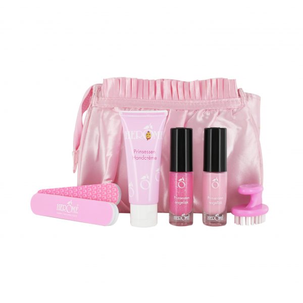 Herome Prinsessenset in tasje, body care set with one piece, featuring colorful packaging and personal grooming products.