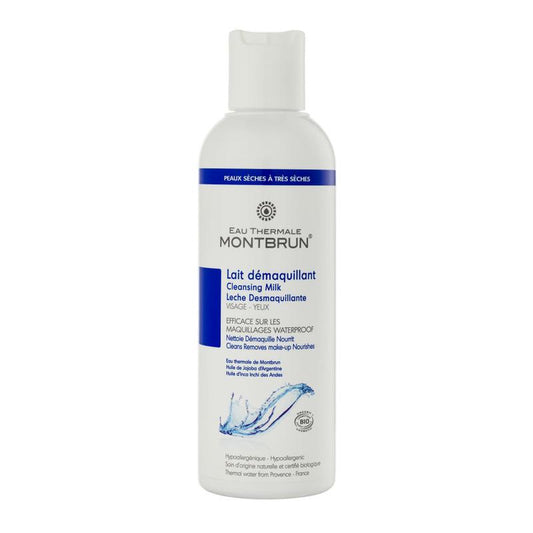 Montbrun cleansing milk bottle with 200ml capacity, featuring a white pump dispenser and minimalist label design.