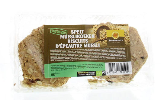 Zonnemaire Spelt Mueslikoeken bio, 240g, showing a package of crispy spelt cookies from the Zonnemaire brand.