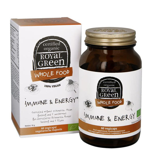 Royal Green Immune & Energy Bio vegetarian capsules, herbal supplement in a clear bottle with capsules visible.