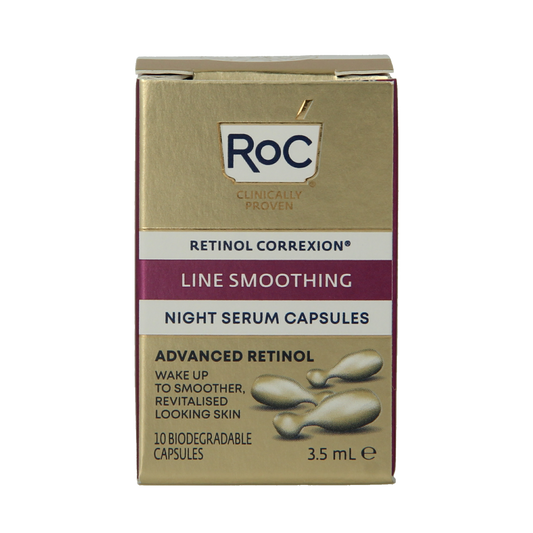ROC Retinol CorreXion Night Serum capsules for facial skincare, featuring smooth, anti-aging formula in individual capsules.