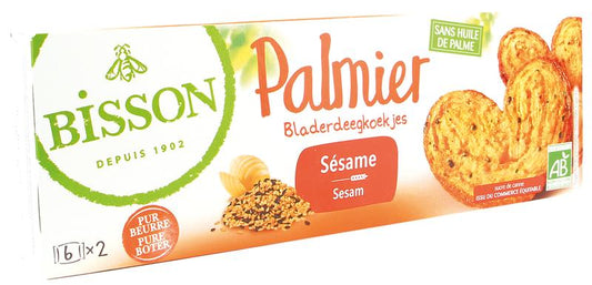 Bisson Palmier bladerdeegkoekjes sesam bio, 100g, close-up of golden, crispy sesame palmier cookies on a white background.
