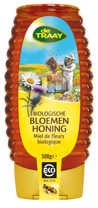 de Traay biologische bloemenhoning in 500g vloeibare knijpfles, pure en natuurlijke honing in een handige verpakking