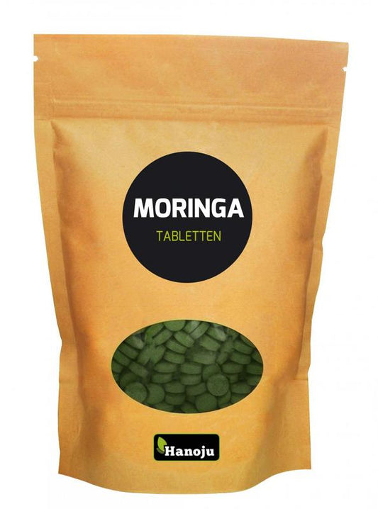 Hanoju Moringa oleifera heelblad 500mg supplement in 500 tablets, herbal preparation with green Moringa leaves.