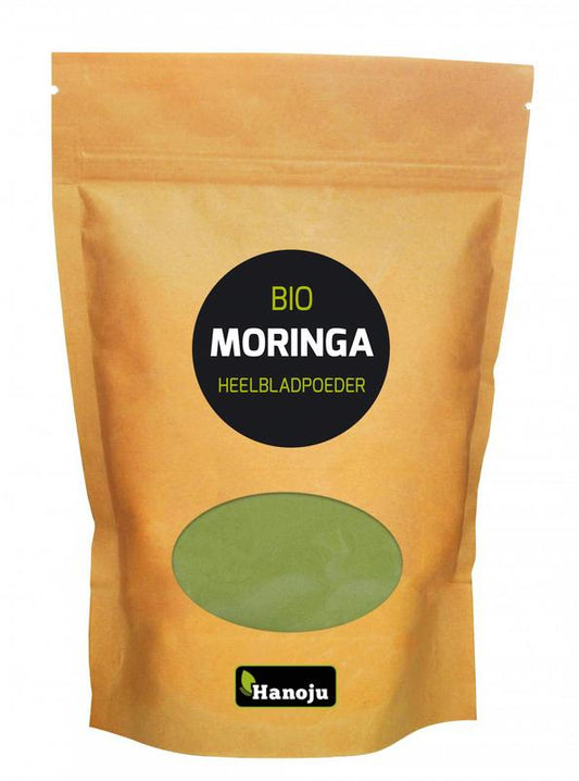 Hanoju Bio Moringa Powder in a 500g container, organic herbal supplement, vibrant green powder from dried Moringa leaves.