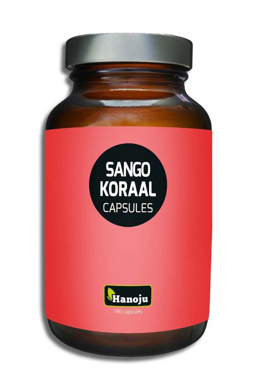 Hanoju Koraalcalcium mineral capsules in a bottle, showing the supplement packaging with capsules inside.