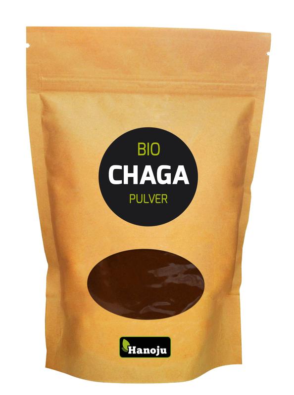 Hanoju Bio Chaga powder in 250g package, organic herbal supplement with dark brown chaga mushroom extract.