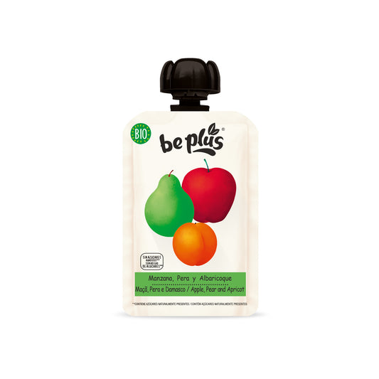Beplus 100g jar of organic apple, pear, apricot fruit puree with visible fruit pieces and label on glass jar.