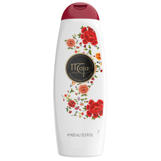 Maja Bodylotion droge huid 400ml bottle with pump dispenser, moisturizing body lotion for dry skin in a sleek white container.