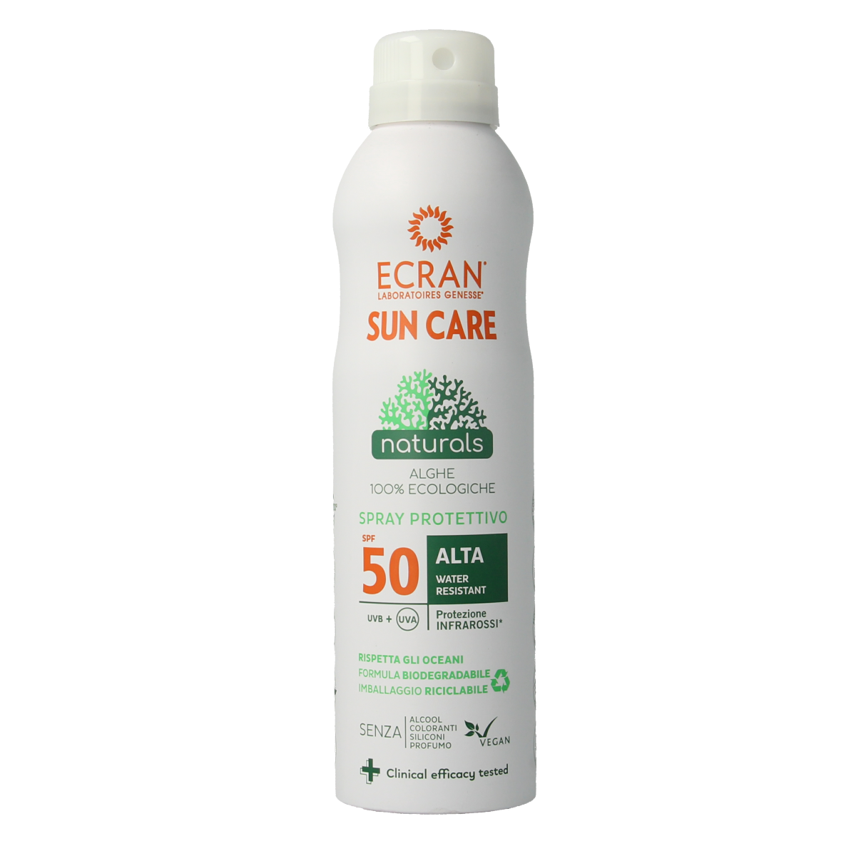 Ecran Sun Care Sunnique Natural SPF50 sunscreen bottle, 250ml, with orange and white packaging, for sun protection.