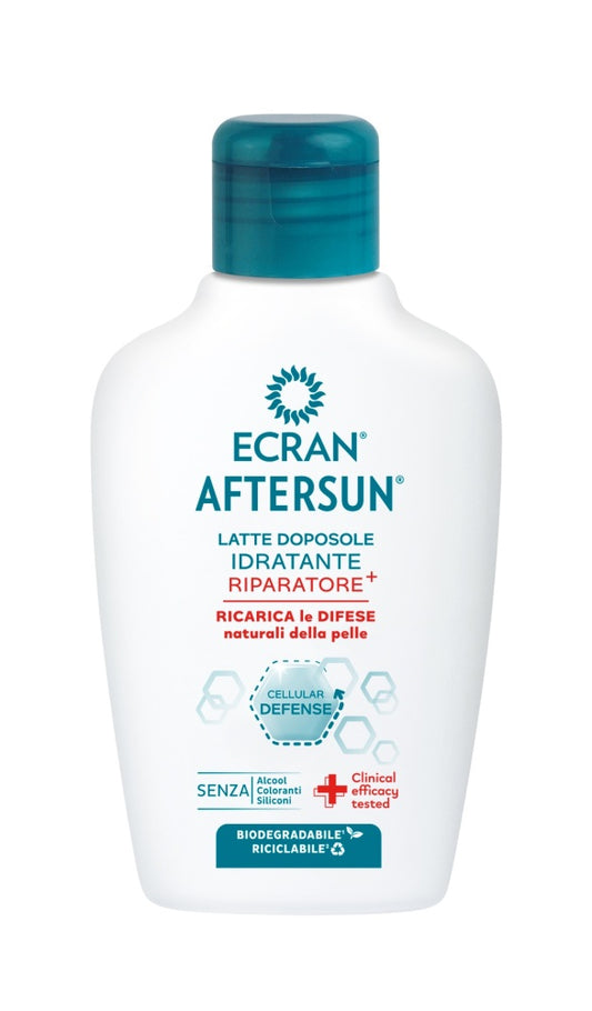 Ecran Aftersun repairing sensitive skin sun lotion, 200ml bottle, designed for soothing and hydrating after sun exposure.