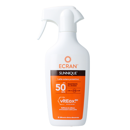 Ecran Sunique Trigger SPF50 solar screen in 270ml bottle, designed for sun protection with a broad-spectrum formula.
