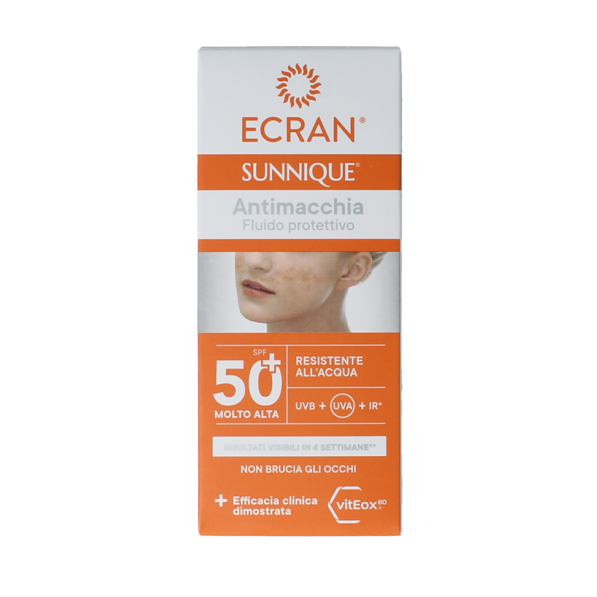 Ecran Sunique facial sunscreen SPF50 50ml bottle, anti-blemish sun protection for face with sunscreen branding on the bottle.