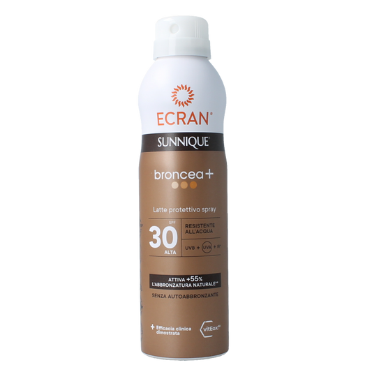 Ecran Broncea Bruma Milk Spray SPF30 sun protection bottle, 250ml, with natural spray nozzle and bronze-colored design.