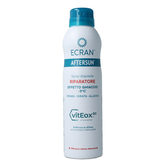 Ecran Aftersun Repair Aerosol 250ml bottle with spray nozzle for soothing sun-exposed skin, labeled "Zonnen" on the packaging.