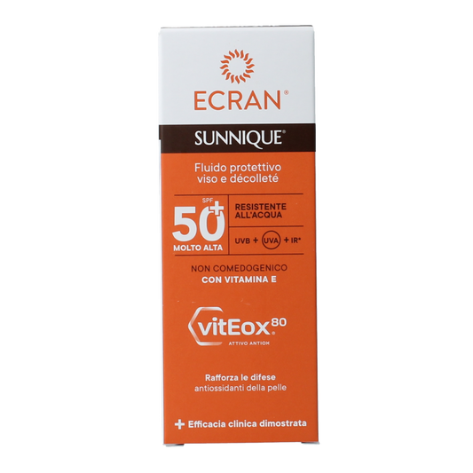 Ecran Sunique facial and décolleté SPF50 sunscreen in 50ml tube, with a sleek packaging and applicator cap.