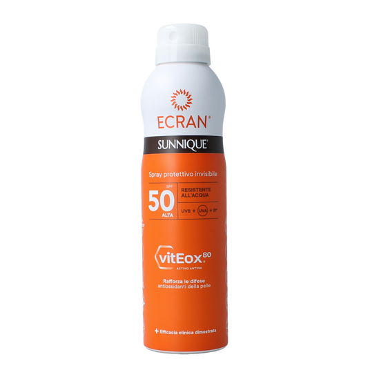 Ecran Sunique invisible spray SPF50, 250ml, a sun protection sunscreen in a clear spray bottle.