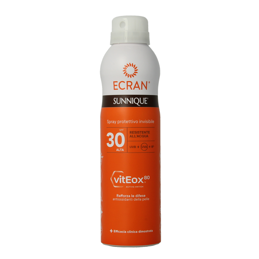 Ecran Sun Care Invisible Spray SPF30 in a 250ml bottle, sun protection product with a clear, aerosol spray nozzle.