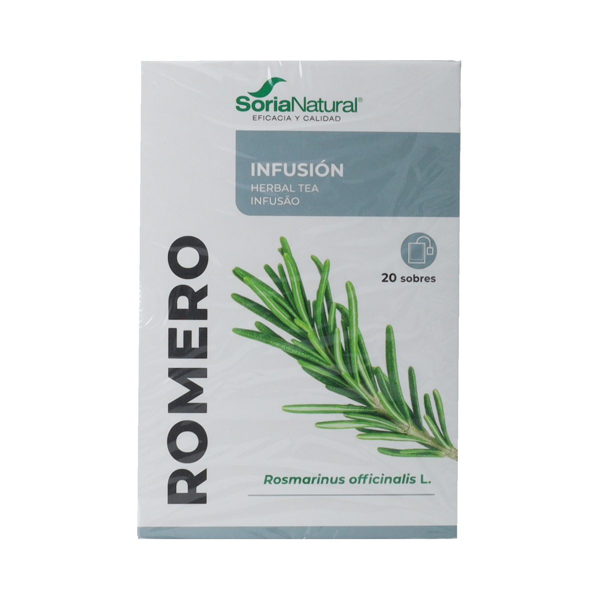 Soria Natural Rozemarijn infusion box with 20 tea bags, featuring dried rosemary leaves and packaging details.