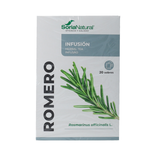 Soria Natural Rozemarijn infusion box with 20 tea bags, featuring dried rosemary leaves and packaging details.