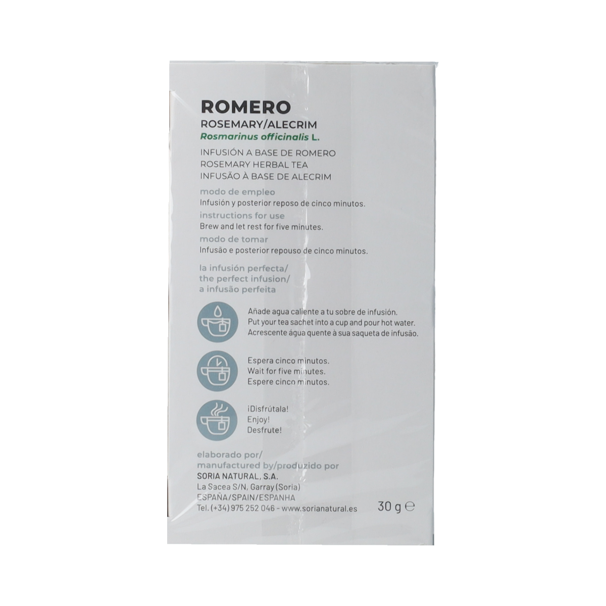 Soria Natural Rozemarijn infusie in a tea bag, herbal tea with rosemary, packaged in a box with 20 tea bags.