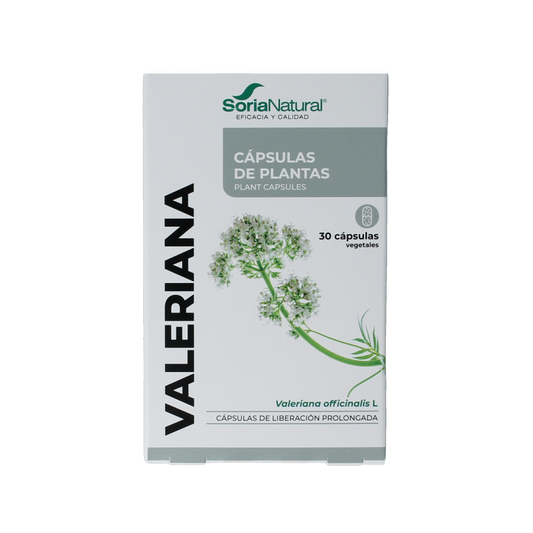 Soria Natural Valeriana XXI herbal capsules in a bottle, dietary supplement for relaxation and sleep support.