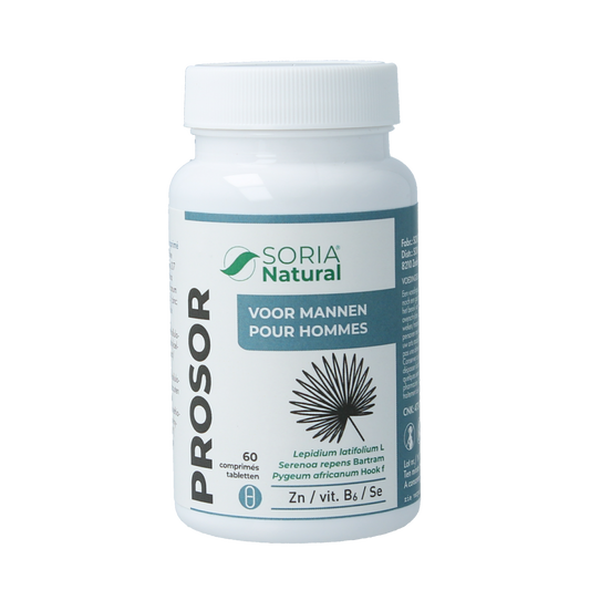 Soria Natural Prosor herbal supplement tablets in a container, showing the product label and packaging.