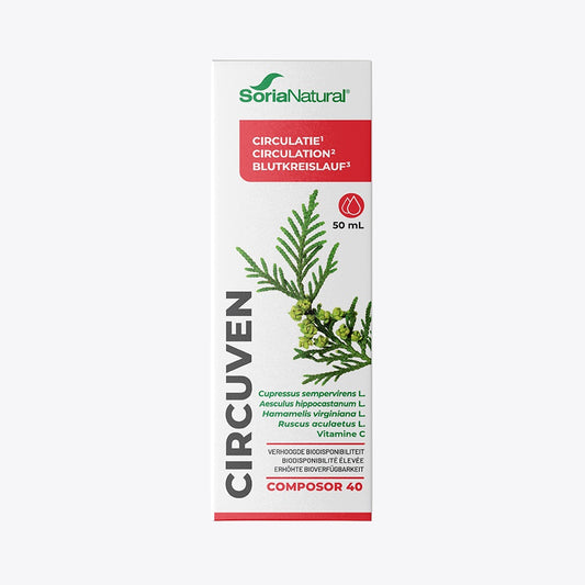 Soria Natural Circuven Composor herbal supplement in 50ml bottle, featuring natural plant ingredients for circulation support