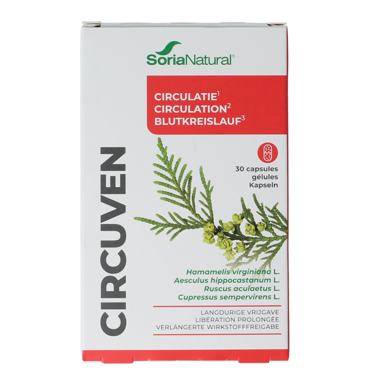 Soria Natural Circuven 19-C XXI herbal capsules in a white bottle with a label, designed for herbal supplement use.