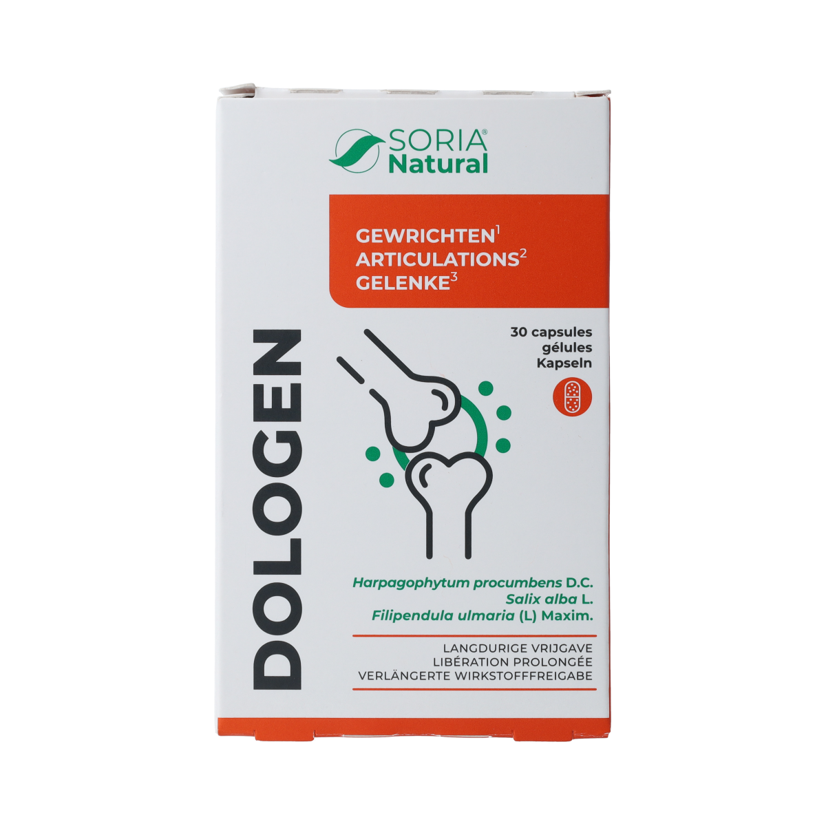 Soria Natural Dologen XXI 16C herbal supplement capsules in a bottle with a label, natural product packaging.