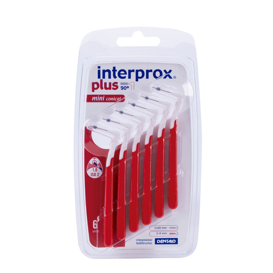Interprox Interprox Plus mini conical interdental ragers in a pack of six, showing the small tapered design for effective cleaning.
