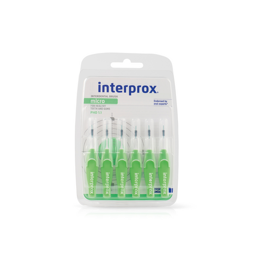 Interprox Micro 1.1 groen tandenstokers en ragers, 6 stuks, compact dental cleaning tools for effective plaque removal.