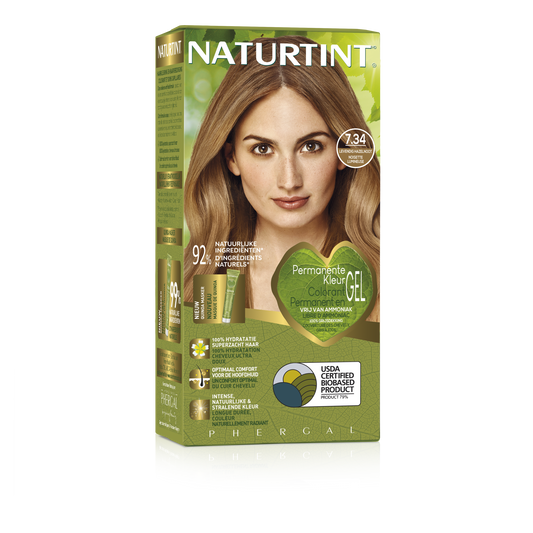 Naturtint 7.34 Helder hazelnoot hair coloring cream in 170ml tube, natural hair dye for warm hazel tones