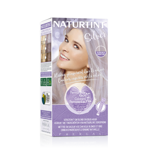 Naturtint Silver hair dye in 170ml bottle, showcasing the hair coloring product with packaging and branding.