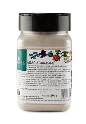 Porto-Muinos organic agar agar powder in 200g package, used in baking and thickening with natural plant-based gelatin alternative.