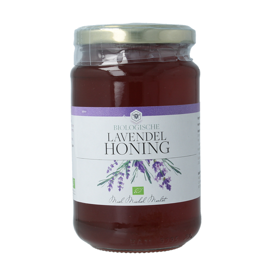 Michel Merlet organic lavender honey jar, 500g, with a golden honey appearance and lavender label, in a clear glass jar.