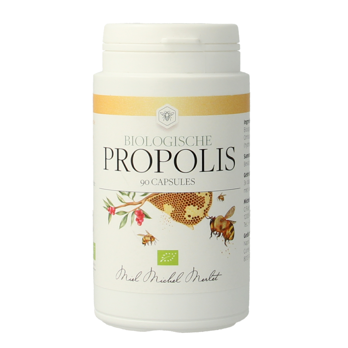 Michel Merlet Propolis capsules bio, 90-count, herbal supplement in a clear bottle with capsules visible.